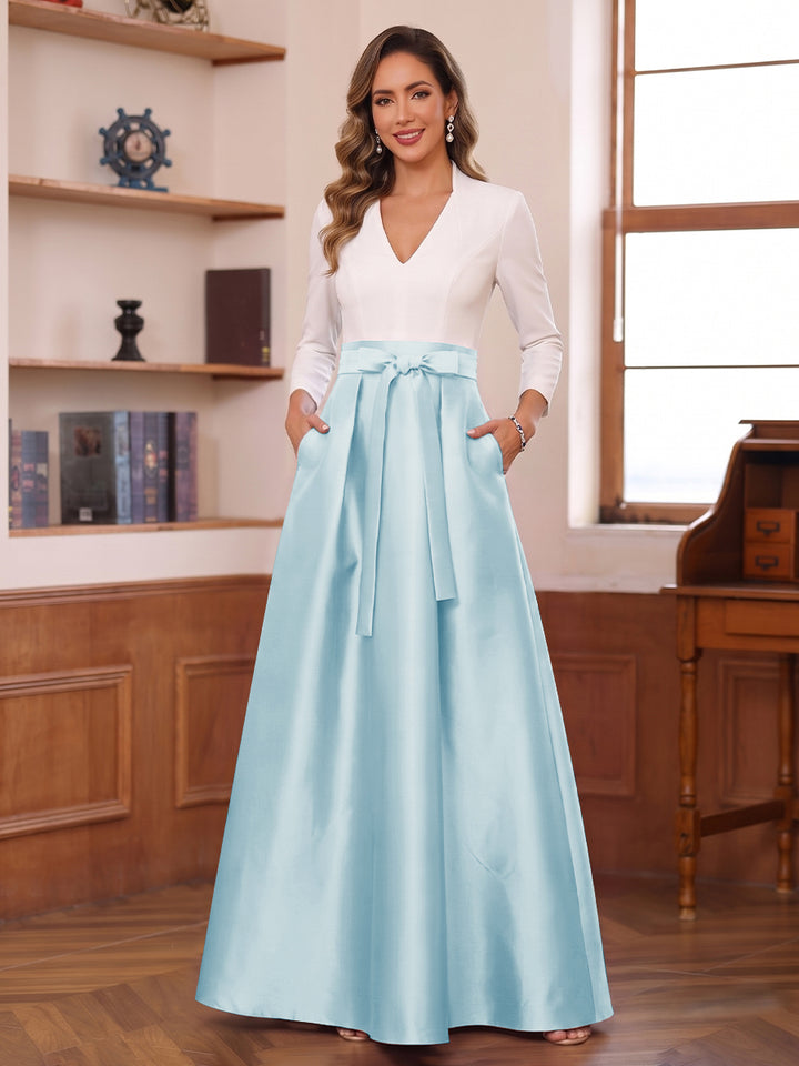 A-Line/Princess Long Sleeves V-Neck Floor Length Mother of the Bride Dresses with Pockets &amp; Bow