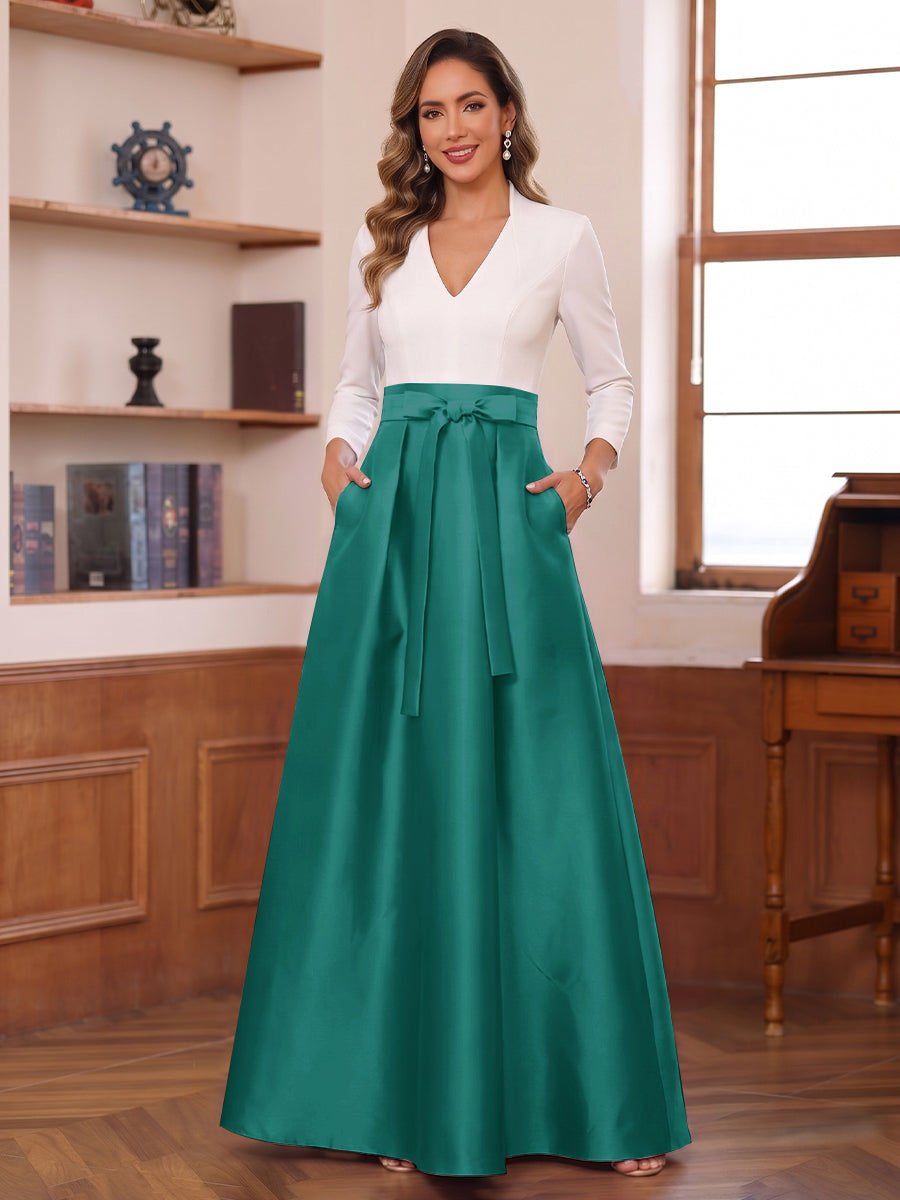 A-Line/Princess Long Sleeves V-Neck Floor Length Mother of the Bride Dresses with Pockets &amp; Bow