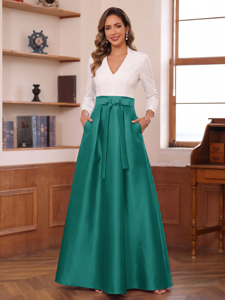 A-Line/Princess Long Sleeves V-Neck Floor Length Mother of the Bride Dresses with Pockets &amp; Bow