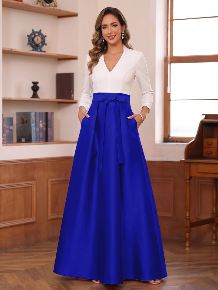A-Line/Princess Long Sleeves V-Neck Floor Length Mother of the Bride Dresses with Pockets &amp; Bow