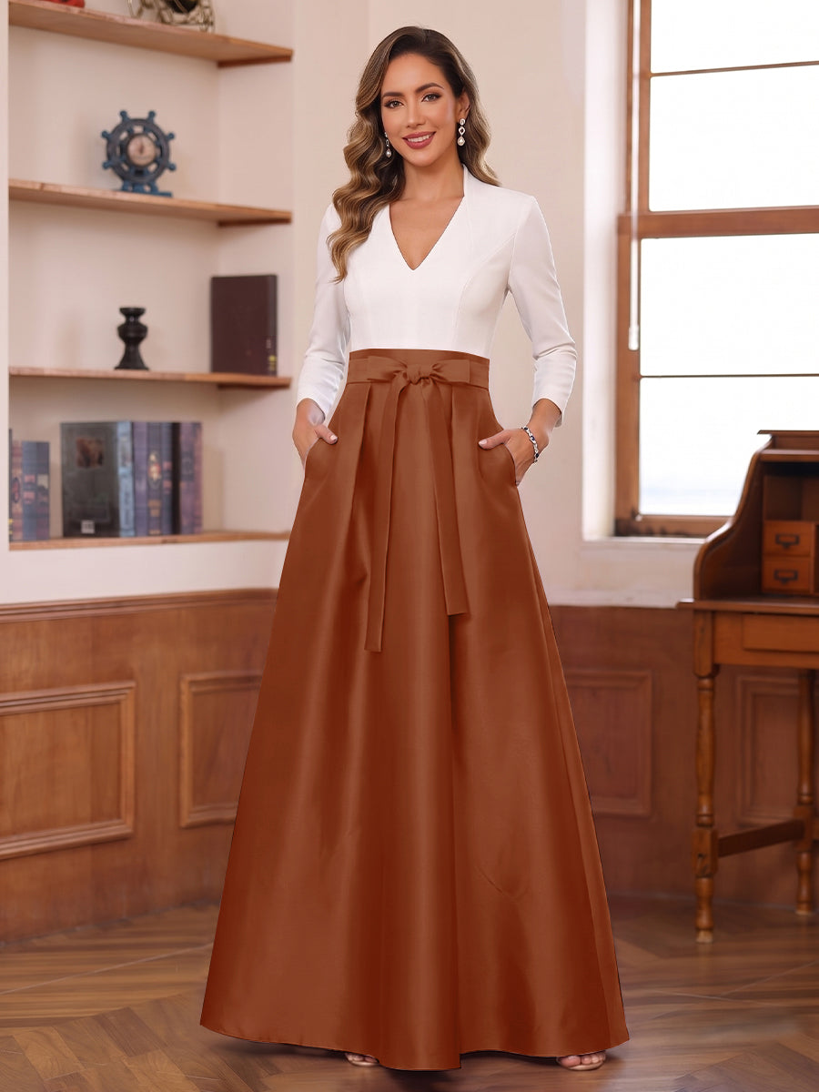 A-Line/Princess Long Sleeves V-Neck Floor Length Mother of the Bride Dresses with Pockets &amp; Bow