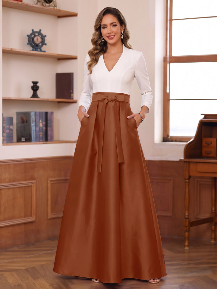 A-Line/Princess Long Sleeves V-Neck Floor Length Mother of the Bride Dresses with Pockets &amp; Bow