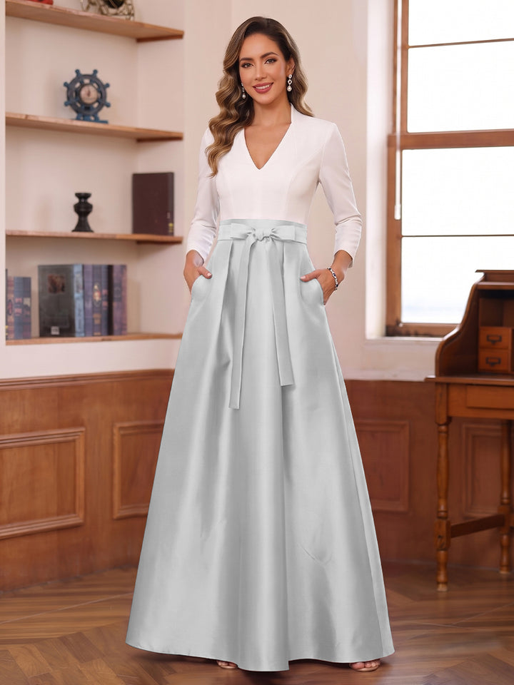 A-Line/Princess Long Sleeves V-Neck Floor Length Mother of the Bride Dresses with Pockets &amp; Bow