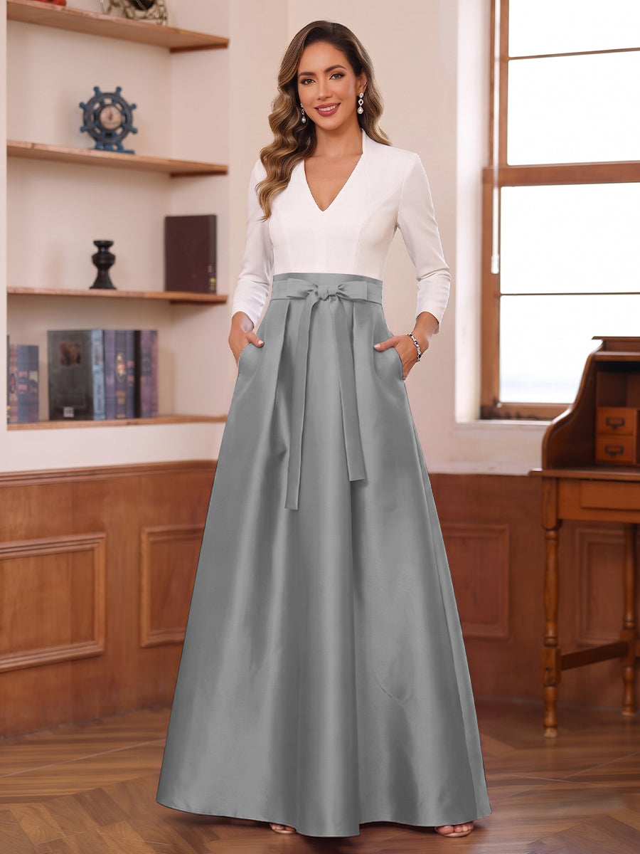 A-Line/Princess Long Sleeves V-Neck Floor Length Mother of the Bride Dresses with Pockets &amp; Bow