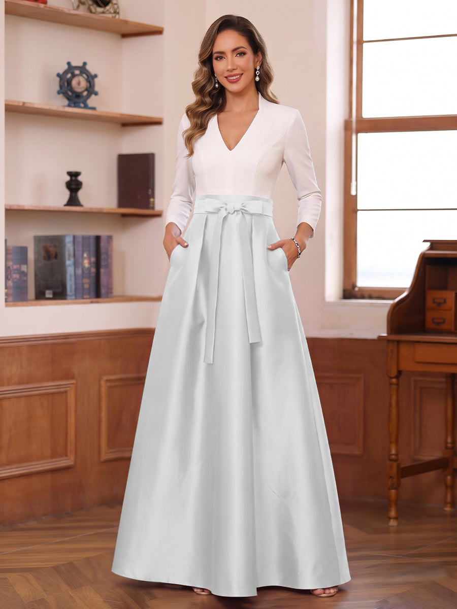 A-Line/Princess Long Sleeves V-Neck Floor Length Mother of the Bride Dresses with Pockets &amp; Bow
