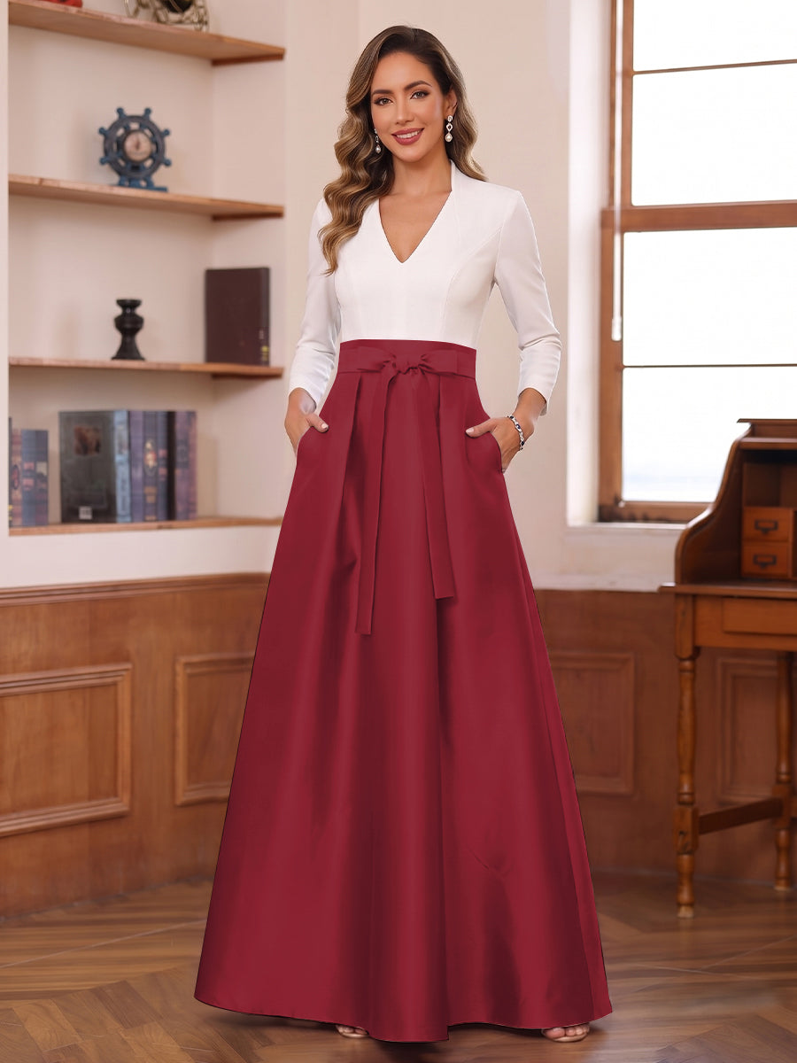 A-Line/Princess Long Sleeves V-Neck Floor Length Mother of the Bride Dresses with Pockets &amp; Bow