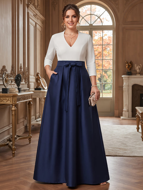 A-Line/Princess Long Sleeves V-Neck Floor Length Plus Size Mother of the Bride Dresses with Pockets & Bow