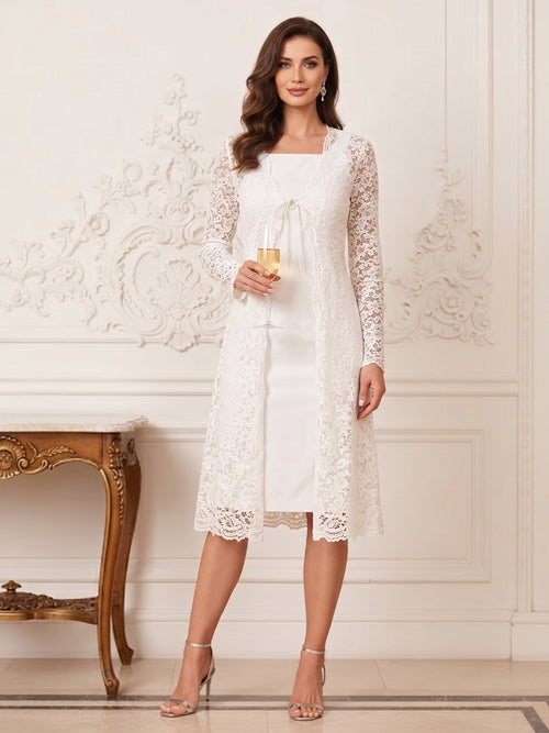 Two Piece Sheath/Column Square-Neck Long Sleeves Knee-Length Mother of the Bride Dresses with Lace