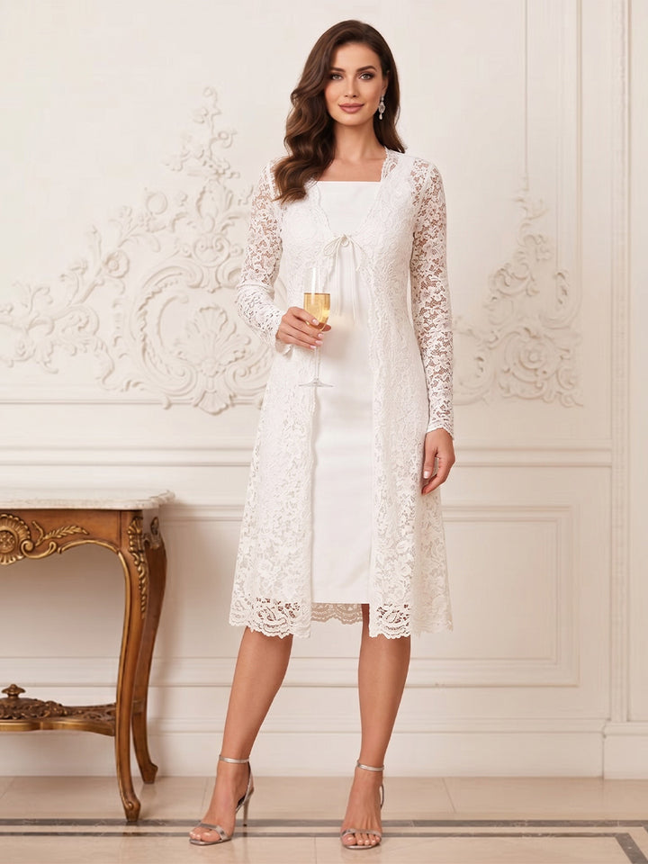 Two Piece Sheath/Column Square-Neck Long Sleeves Knee-Length Mother of the Bride Dresses with Lace
