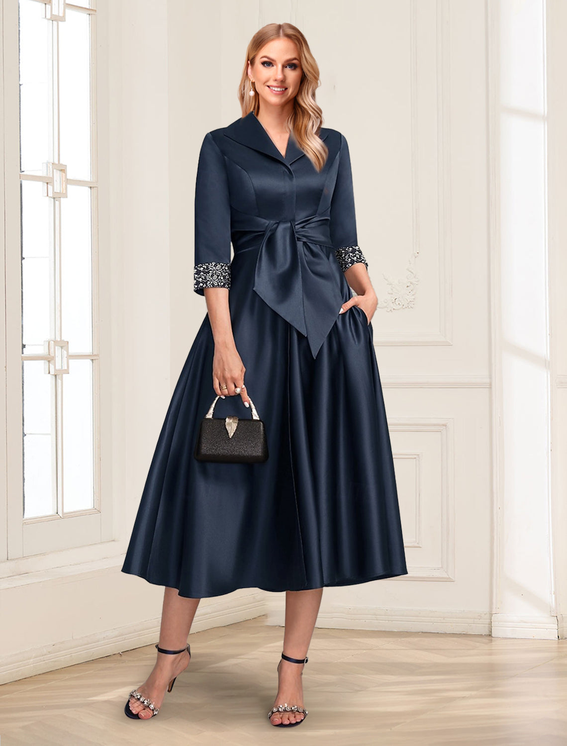 Satin A-Line/Princess Simple Shirt Collar 3/4 Length Sleeves Tea-Length Mother of the Bride Dresses with Sash & Beading