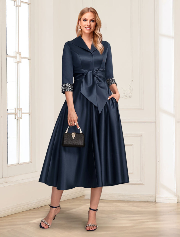 Satin A-Line/Princess Simple Shirt Collar 3/4 Length Sleeves Tea-Length Mother of the Bride Dresses with Sash &amp; Beading