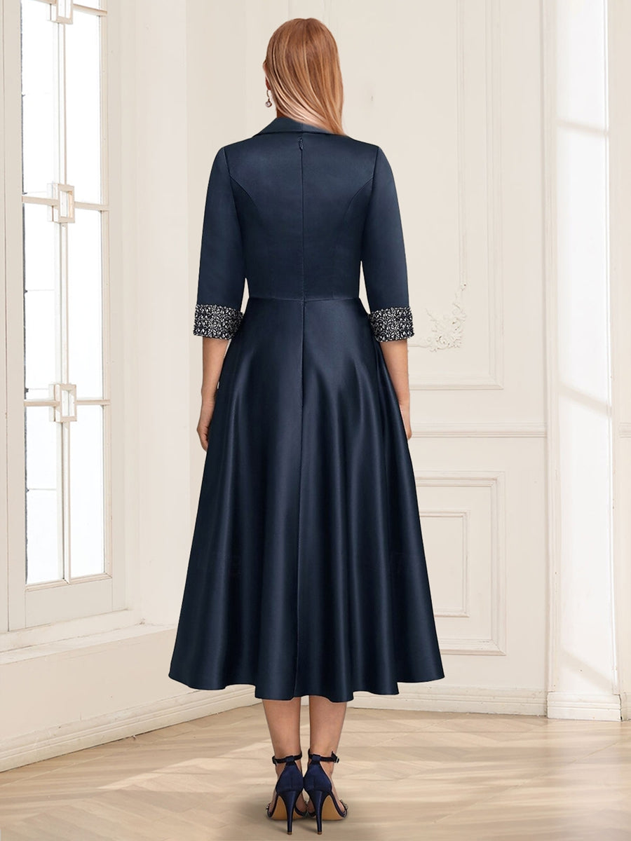 Satin A-Line/Princess Simple Shirt Collar 3/4 Length Sleeves Tea-Length Mother of the Bride Dresses with Sash &amp; Beading