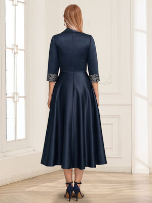 Satin A-Line/Princess Simple Shirt Collar 3/4 Length Sleeves Tea-Length Mother of the Bride Dresses with Sash & Beading
