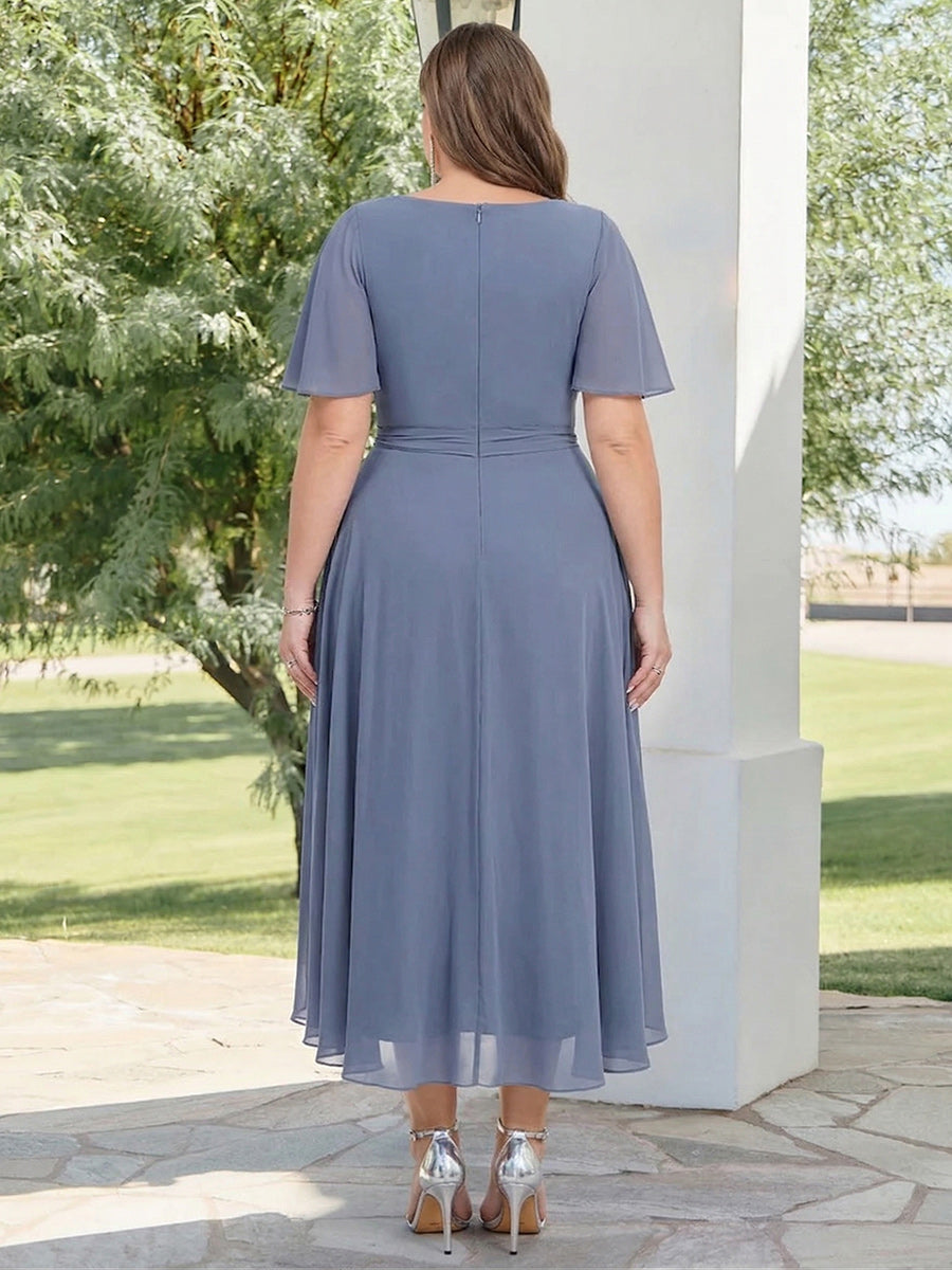 Chiffon A-Line/Princess V-Neck Short Sleeves Knee-Length Wedding Guest Dresses with Belt &amp; Pleats