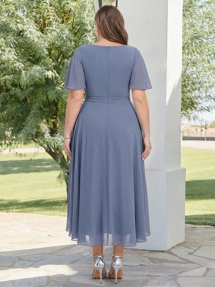 Chiffon A-Line/Princess V-Neck Short Sleeves Knee-Length Wedding Guest Dresses with Belt &amp; Pleats