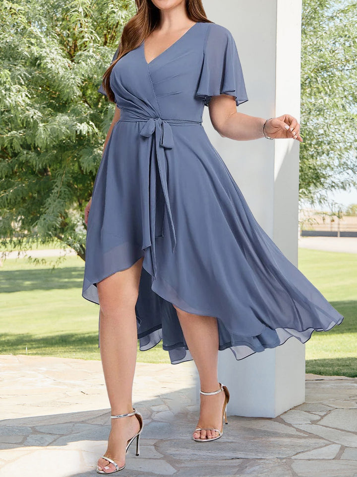 Chiffon A-Line/Princess V-Neck Short Sleeves Knee-Length Wedding Guest Dresses with Belt &amp; Pleats