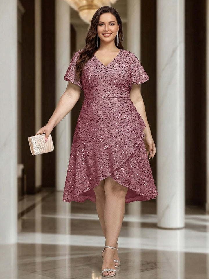 Plus Size A-Line/Princess V-Neck Short Sleeves Knee-Length Wedding Guest Dresses with Sequins &amp; Ruffles