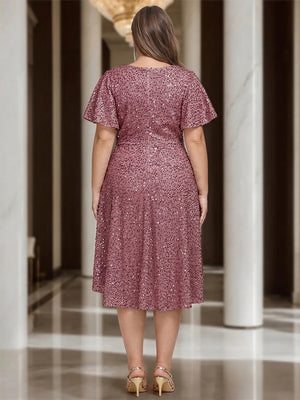 Plus Size A-Line/Princess V-Neck Short Sleeves Knee-Length Wedding Guest Dresses with Sequins & Ruffles