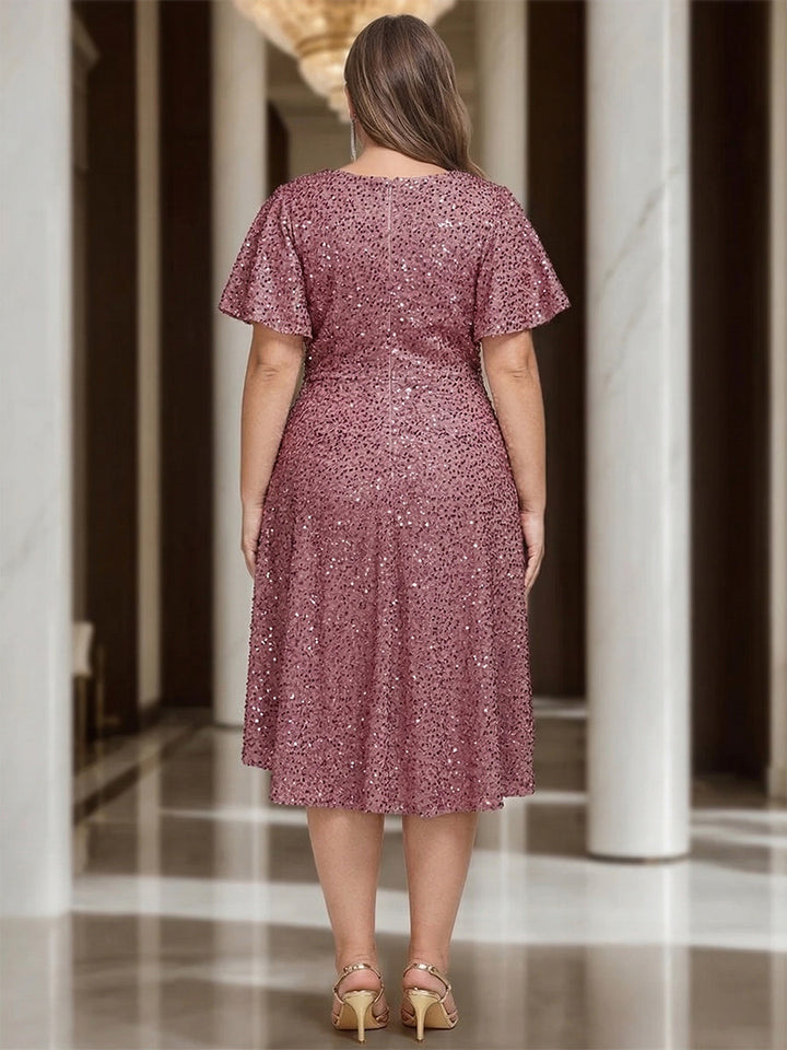 Plus Size A-Line/Princess V-Neck Short Sleeves Knee-Length Wedding Guest Dresses with Sequins &amp; Ruffles