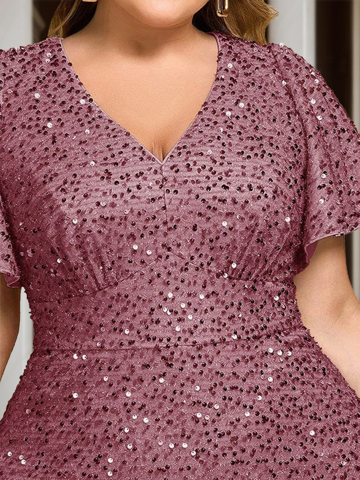 Plus Size A-Line/Princess V-Neck Short Sleeves Knee-Length Wedding Guest Dresses with Sequins &amp; Ruffles