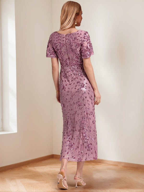 Trumpet/Mermaid V-Neck Short Ruffle Sleeves Ankle-Length Mother of the Bride Dresses with Appliques