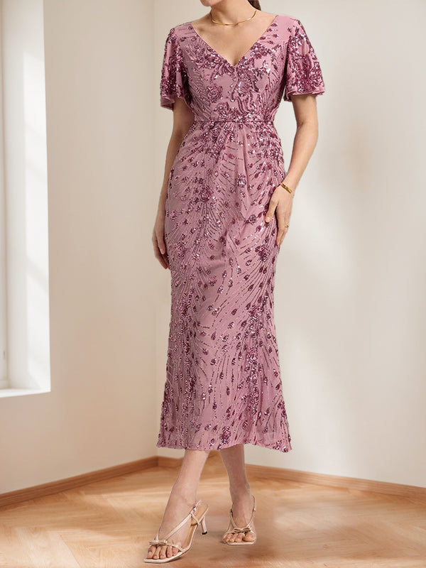 Trumpet/Mermaid V-Neck Short Ruffle Sleeves Ankle-Length Mother of the Bride Dresses with Appliques