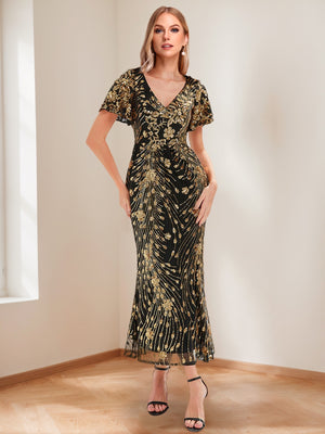 Trumpet/Mermaid V-Neck Short Ruffle Sleeves Ankle-Length Mother of the Bride Dresses with Appliques