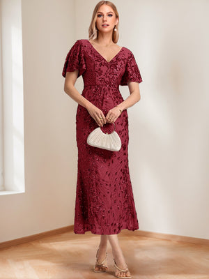 Trumpet/Mermaid V-Neck Short Ruffle Sleeves Ankle-Length Mother of the Bride Dresses with Appliques