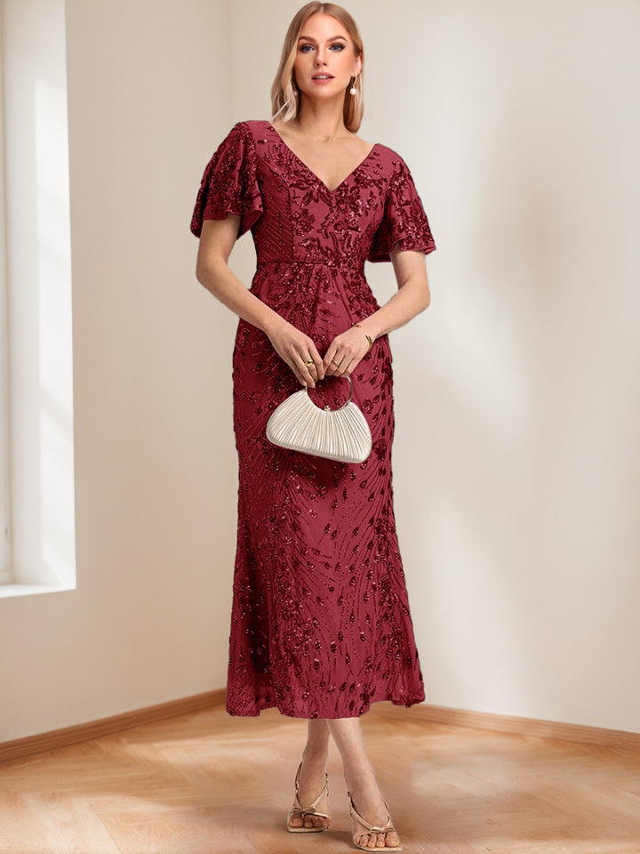 Trumpet/Mermaid V-Neck Short Ruffle Sleeves Ankle-Length Mother of the Bride Dresses with Appliques