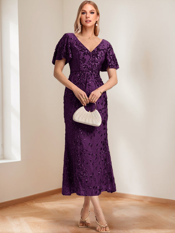 Trumpet/Mermaid V-Neck Short Ruffle Sleeves Ankle-Length Mother of the Bride Dresses with Appliques