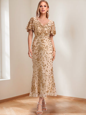 Trumpet/Mermaid V-Neck Short Ruffle Sleeves Ankle-Length Mother of the Bride Dresses with Appliques