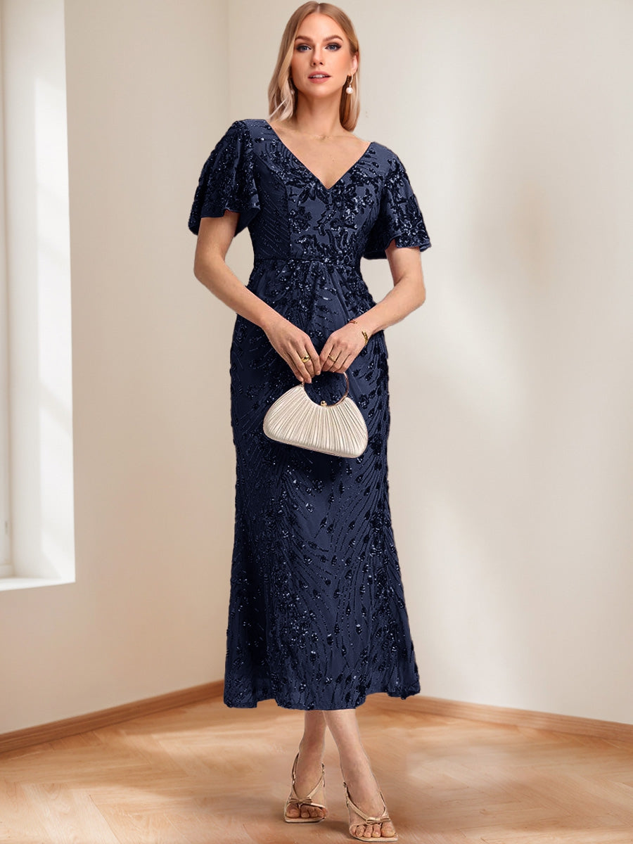 Trumpet/Mermaid V-Neck Short Ruffle Sleeves Ankle-Length Mother of the Bride Dresses with Appliques