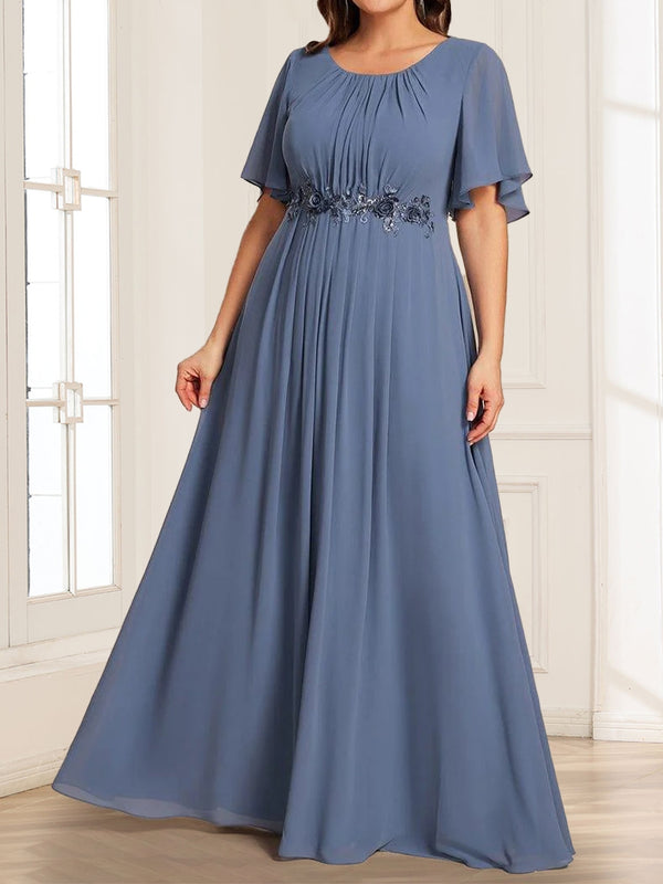 Plus Size A-Line/Princess Scoop Short Sleeves Floor-Length Mother of the Bride Dresses with Applique