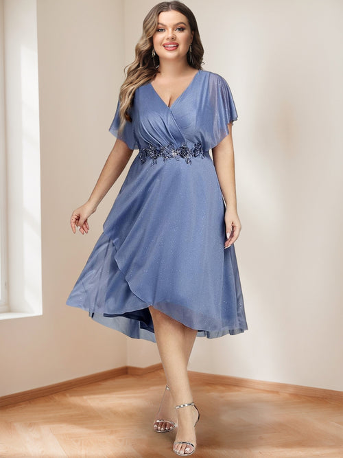 Chiffon A-Line/Princess V-Neck Short Sleeves Knee-Length Plus Size Mother of the Bride Dresses with Sash