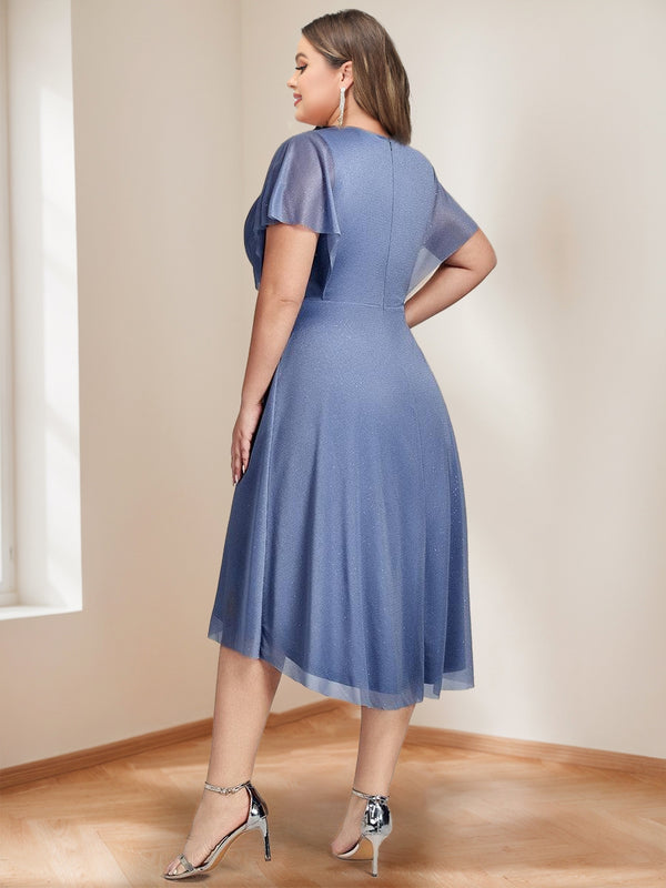 Chiffon A-Line/Princess V-Neck Short Sleeves Knee-Length Plus Size Mother of the Bride Dresses with Sash