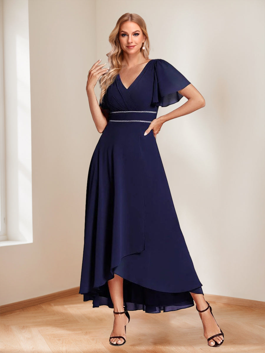A-Line/Princess V-Neck Short Sleeves Floor-Length Chiffon Mother of the Bride Dresses