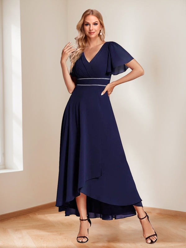 A-Line/Princess V-Neck Short Sleeves Floor-Length Chiffon Mother of the Bride Dresses