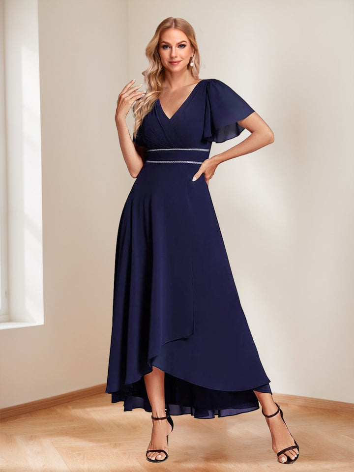 A-Line/Princess V-Neck Short Sleeves Floor-Length Chiffon Mother of the Bride Dresses
