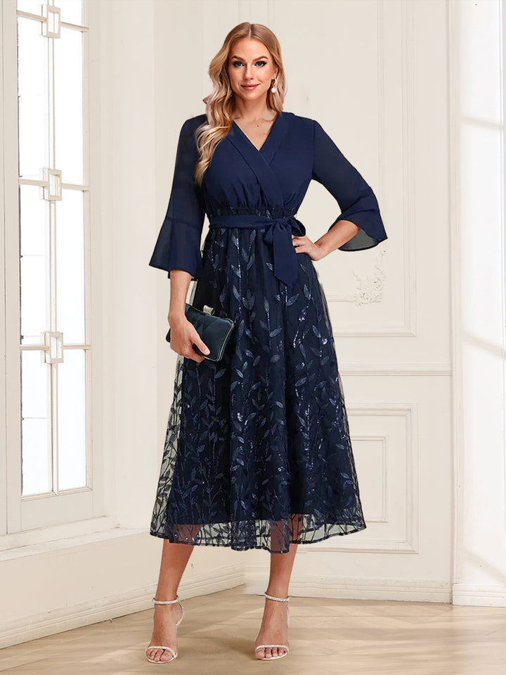 A-Line/Princess V-Neck 3/4 Flared Sleeves Tea-Length Mother of the Bride Dresses with Sequins Mesh