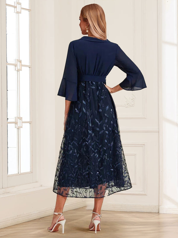 A-Line/Princess V-Neck 3/4 Flared Sleeves Tea-Length Mother of the Bride Dresses with Sequins Mesh