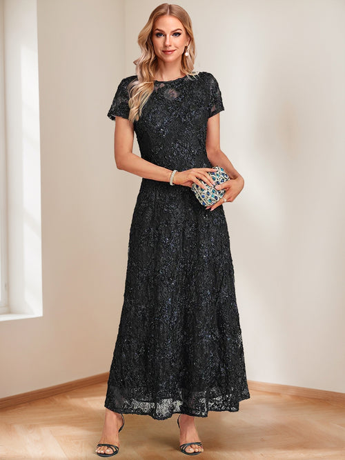 A-Line/Princess Crew Neck Short Sleeves Ankle-Length Mother of the Bride Dresses with Sequin Lace