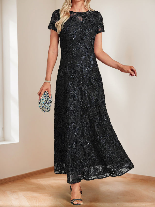 A-Line/Princess Crew Neck Short Sleeves Ankle-Length Mother of the Bride Dresses with Sequin Lace