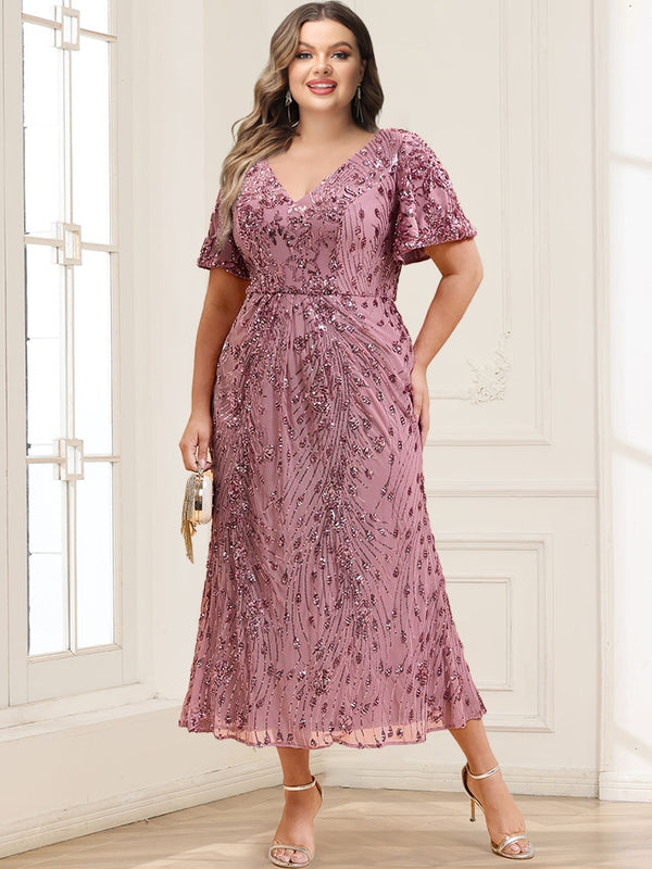 Trumpet/Mermaid V-Neck Short Ruffles Sleeves Tea-Length Mother of the Bride Dresses with Sequin Embroidery