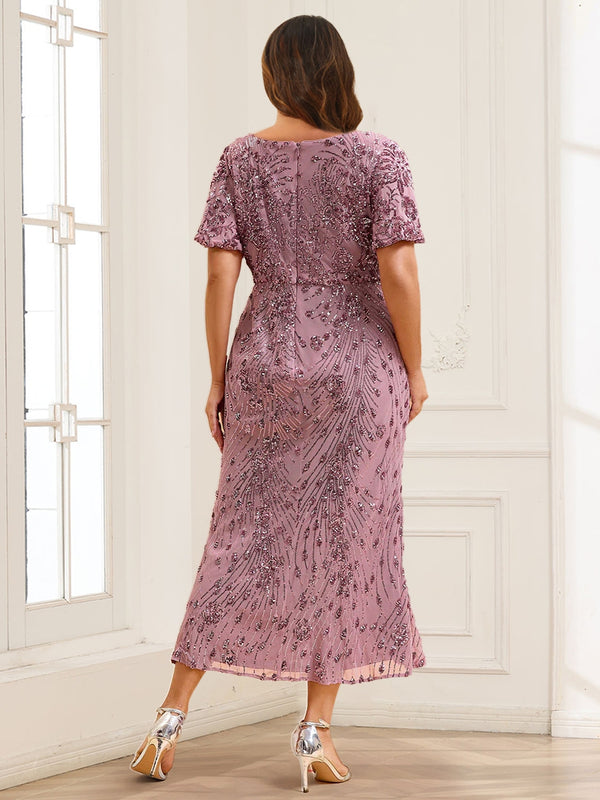 Trumpet/Mermaid V-Neck Short Ruffles Sleeves Tea-Length Mother of the Bride Dresses with Sequin Embroidery