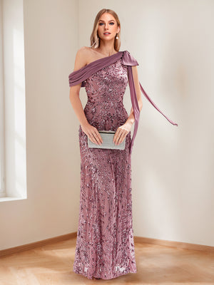 Trumpet/Mermaid Drop Shoulder Sleeves Floor-Length Mother of the Bride Dresses with Bow Detail & Sequin Embroidery