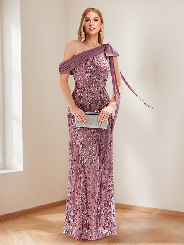 Trumpet/Mermaid Drop Shoulder Sleeves Floor-Length Mother of the Bride Dresses with Bow Detail & Sequin Embroidery