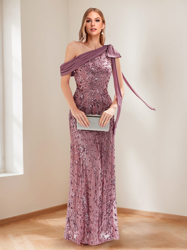 Trumpet/Mermaid Drop Shoulder Sleeves Floor-Length Mother of the Bride Dresses with Bow Detail &amp; Sequin Embroidery