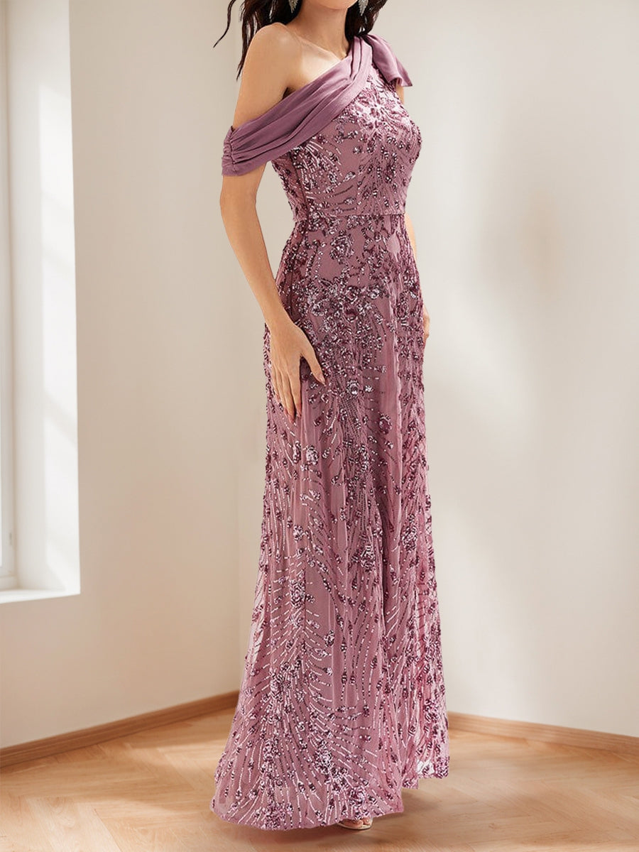 Trumpet/Mermaid Drop Shoulder Sleeves Floor-Length Mother of the Bride Dresses with Bow Detail &amp; Sequin Embroidery