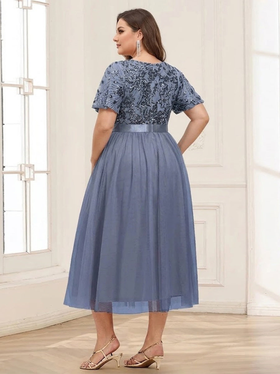 A-Line/Princess Scoop Short Ruffle Sleeve Tea-Length Mother of the Bride Dresses with Sequin Embroidery