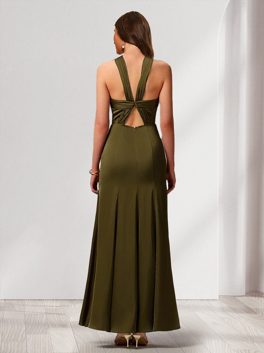 Sheath/Column Criss Cross Sleeveless Ankle-Length Ruched Bridesmaid Dresses with Split Side